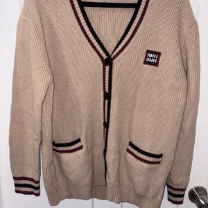 Miu Miu Tan Cardigan with Black and Red Accents